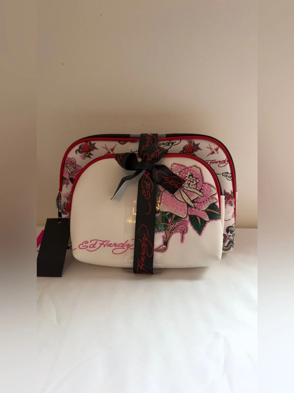 Ed Hardy White & Pink Floral Rhinestone Cosmetic Pouch Set